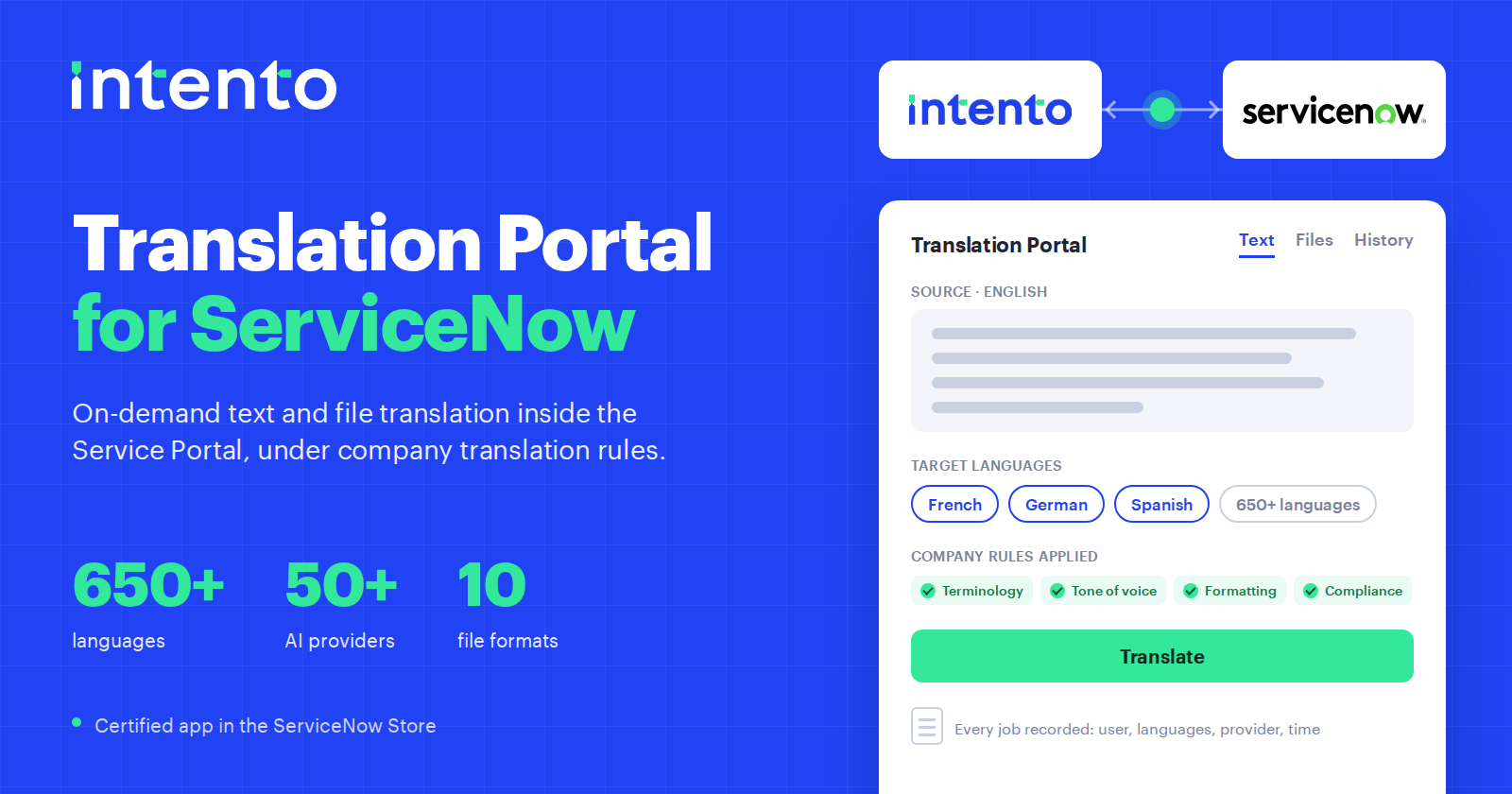 Intento Translation Portal for ServiceNow