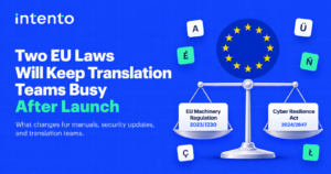 Two EU Laws Will Keep Translation Teams Busy After Launch. A circle of twelve EU stars above balanced scales labeled EU Machinery Regulation 2023/1230 and Cyber Resilience Act 2024/2847, surrounded by Latin letters.