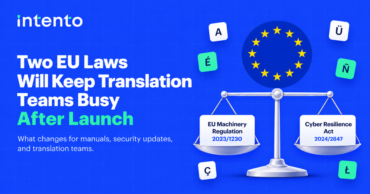 Two EU Laws Will Keep Translation Teams Busy After Launch. A circle of twelve EU stars above balanced scales labeled EU Machinery Regulation 2023/1230 and Cyber Resilience Act 2024/2847, surrounded by Latin letters.