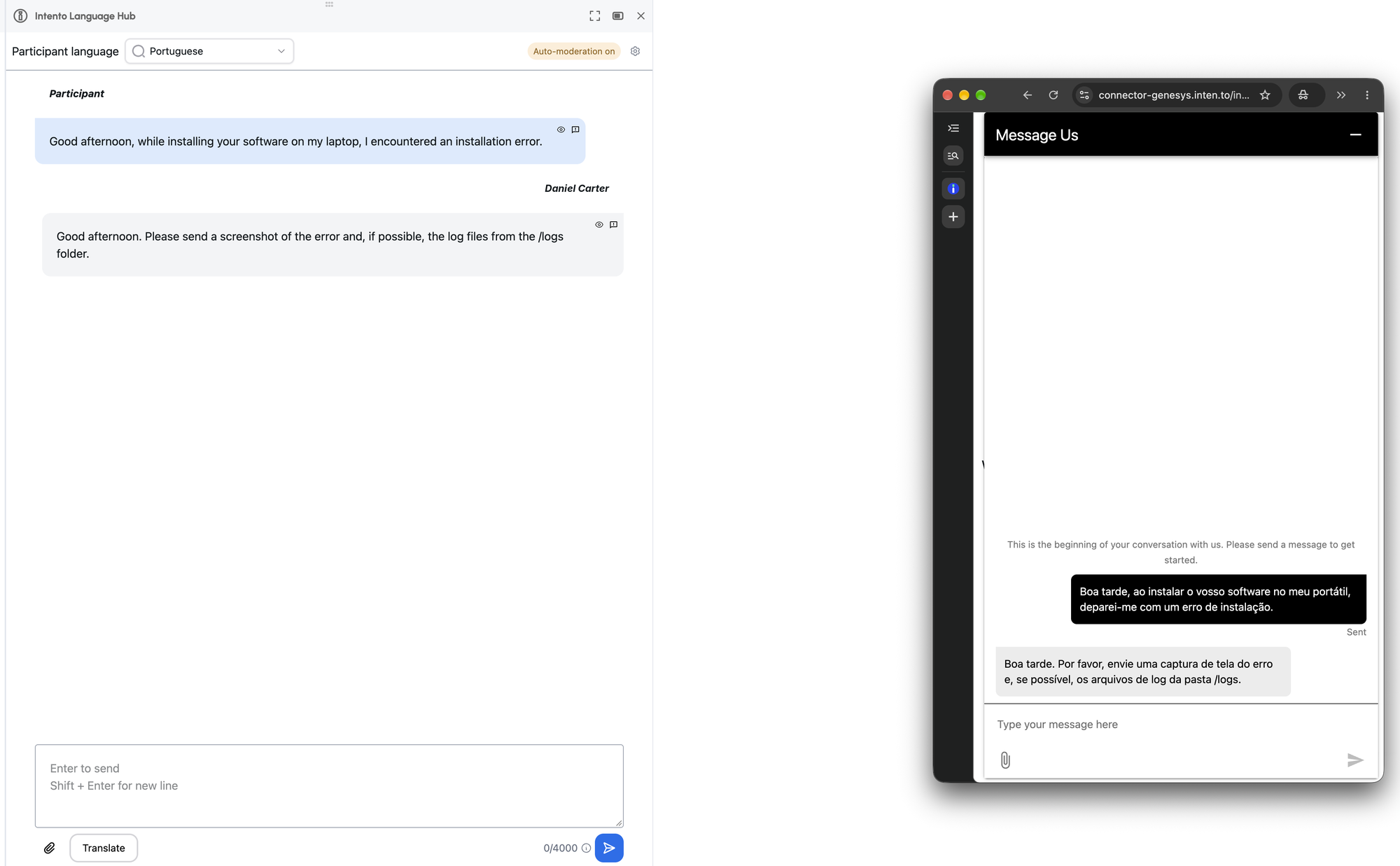 Live chat in Genesys Cloud: the customer writes in Portuguese in the website chat, and the support agent reads and replies in English in the Intento app