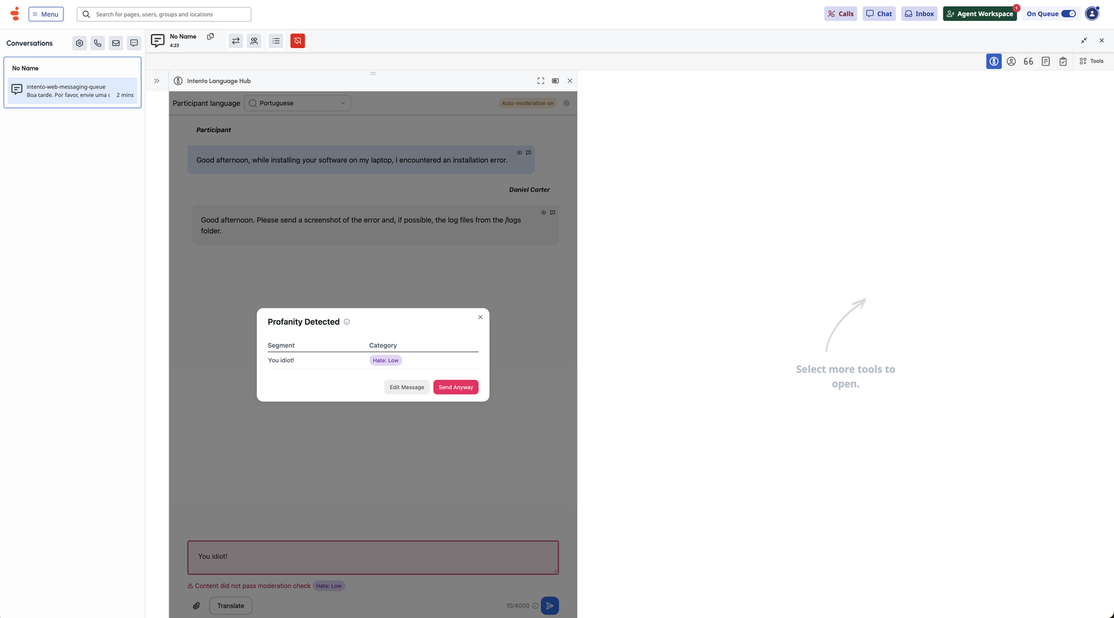 Profanity Detected window with Edit Message and Send Anyway