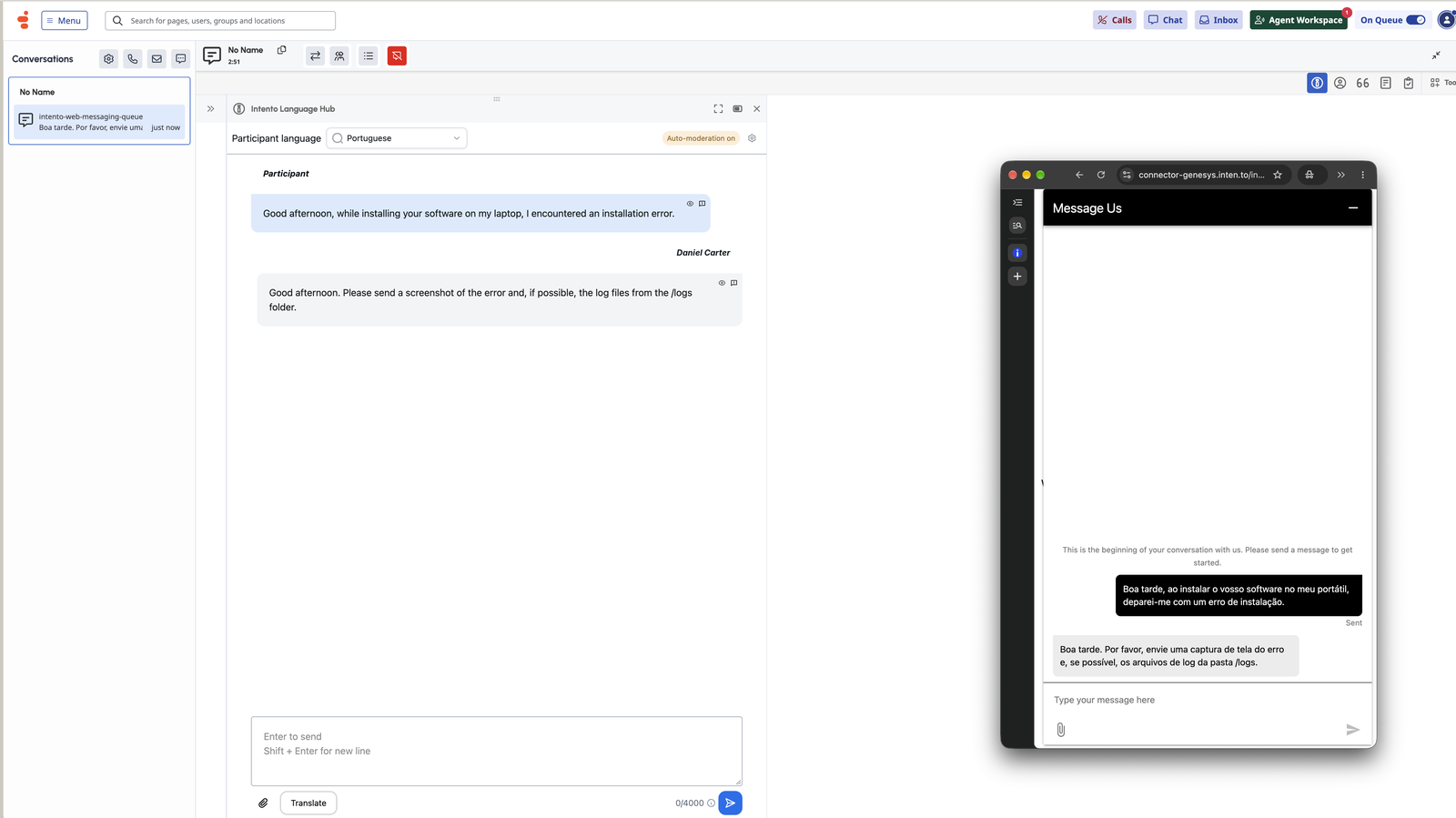 The Intento app next to a web messaging chat: English for the support agent, Portuguese for the customer