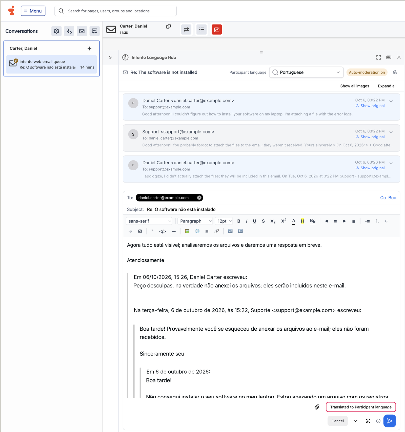Reply translated into the participant language before sending