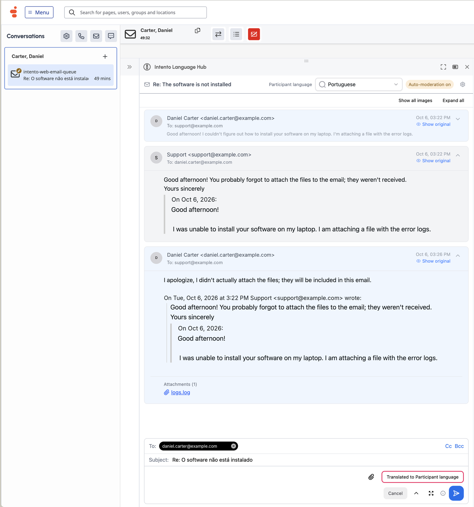 Translated email thread with Show original links