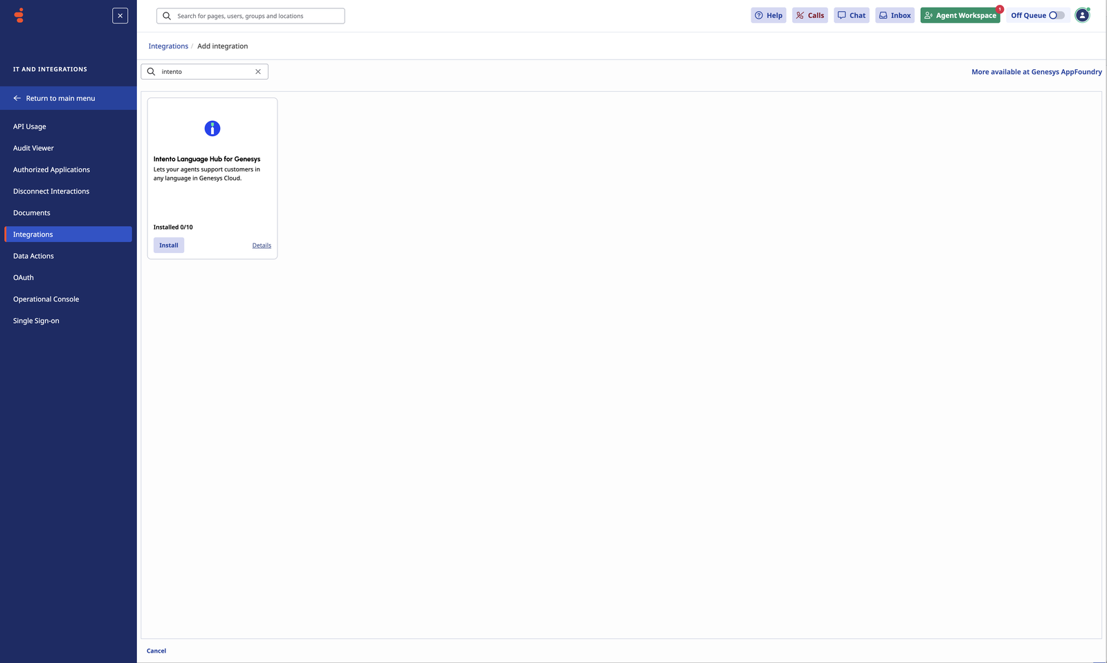 The Genesys Cloud integrations catalog filtered on intento, with the Install button on the Intento Language Hub for Genesys card