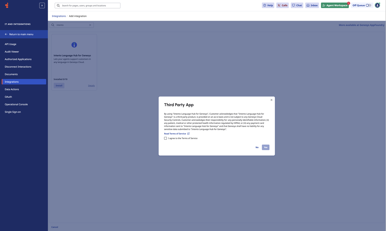 The Third Party App dialog with the Terms of Service checkbox