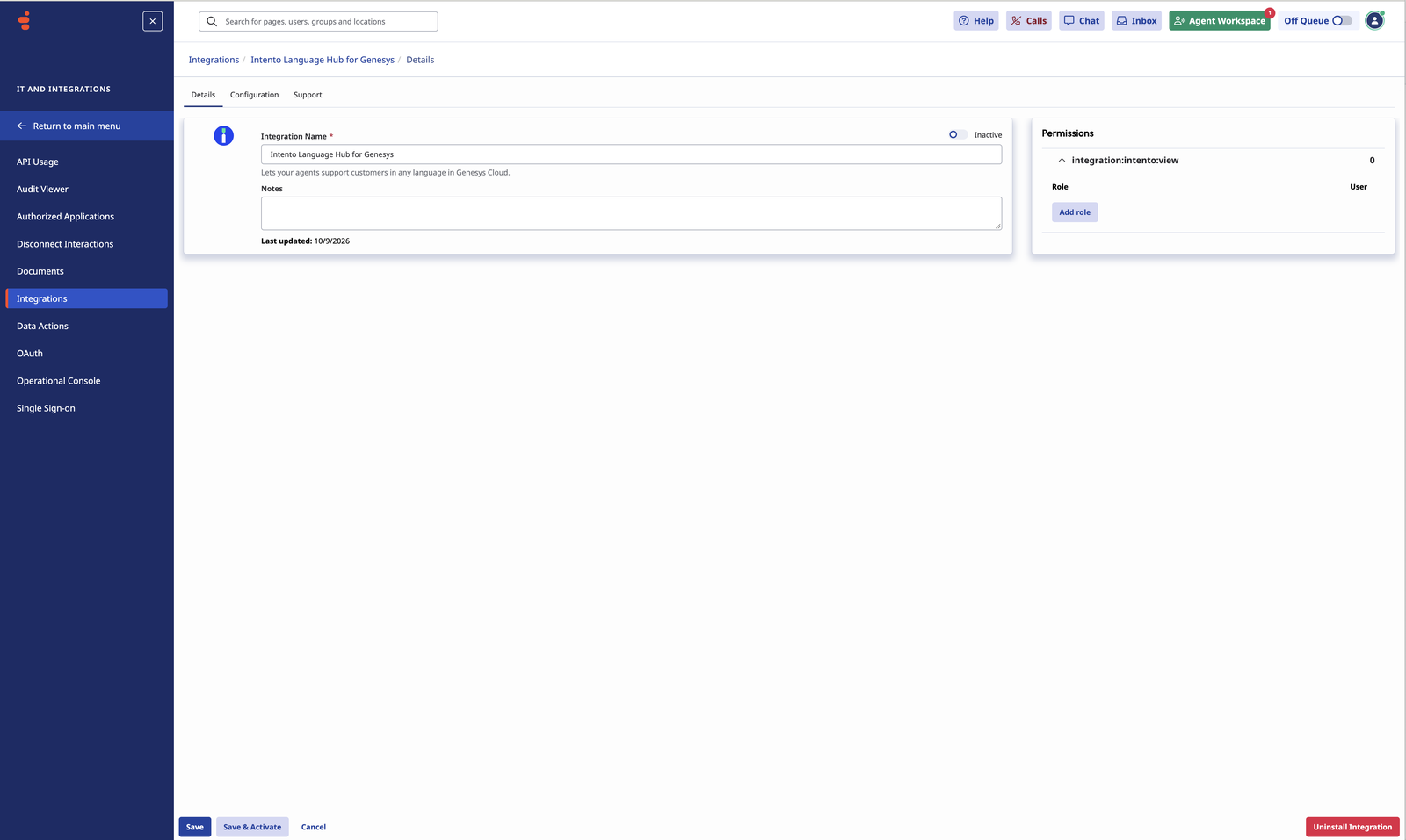 The integration Details tab with the Save and Activate button