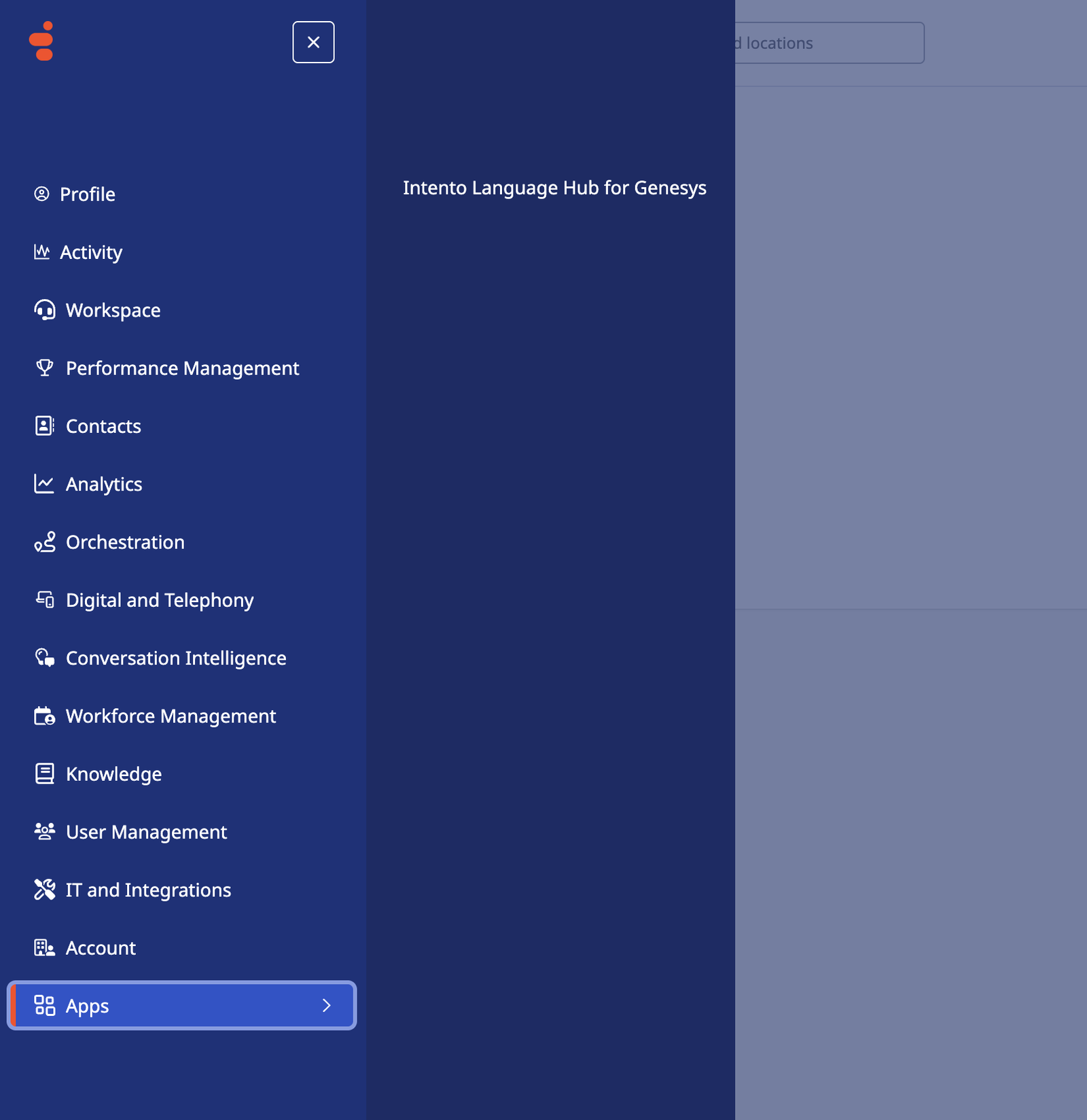 The Genesys Cloud Apps menu with Intento Language Hub for Genesys