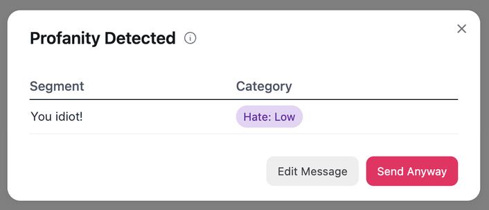 Profanity Detected window in a Genesys Cloud chat, with the flagged segment, its category Hate: Low, and Edit Message or Send Anyway