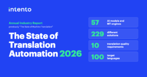 The State of Translation Automation 2026, Intento annual industry report: 57 AI models and MT engines, 229 different solutions, 10 translation quality requirements, 100 target languages.
